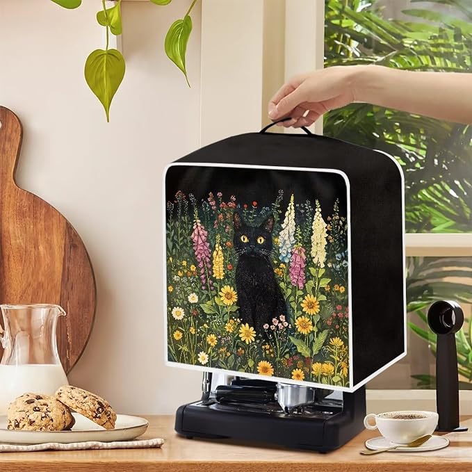 Coffee Machine Covers with Top Handle Black Cat Flower Print Washable Dust - Image 4