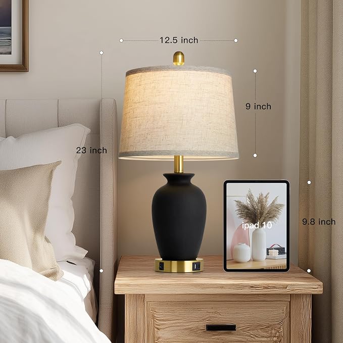 Cinkeda 23" Set of 2 Black Ceramic Farmhouse Table Lamp - Image 2