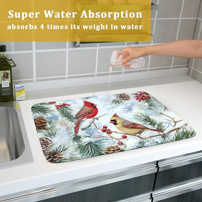 Winter Birds Dish Drying Mats 18x24 Inch, Pine Cone Berries Branch Bird Large - Image 7