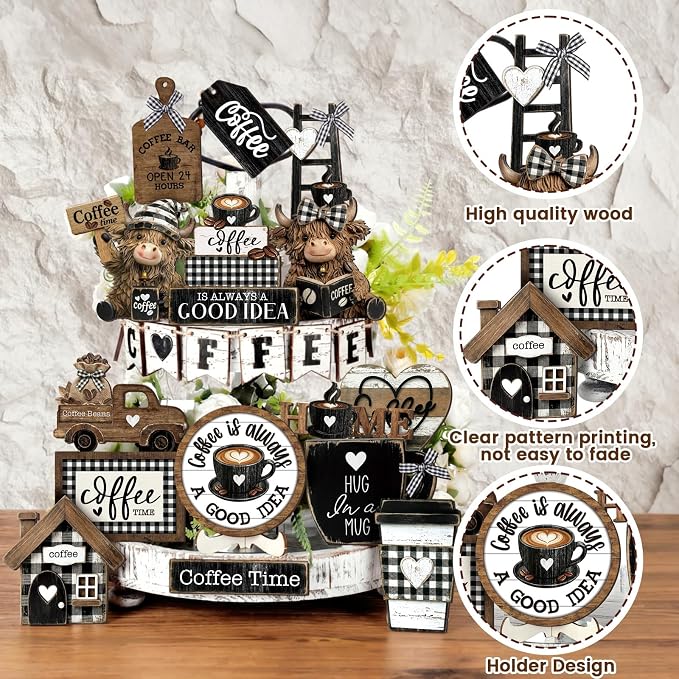 Mifoci 23 Pcs Coffee Tiered Tray Decorations Highland Cow Wooden Farmhouse - Image 4