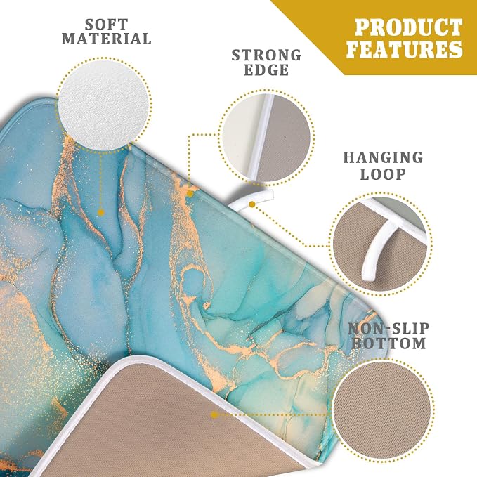 Marble Dish Drying Mat for Kitchen Counter Blue Teal Turquoise Gold Drying Mat - Image 4