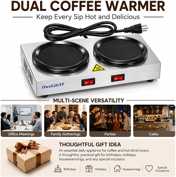 Dual Plate Coffee Warmer, Stainless Steel, 2 Burners Decanter Coffee Carafe - Image 3