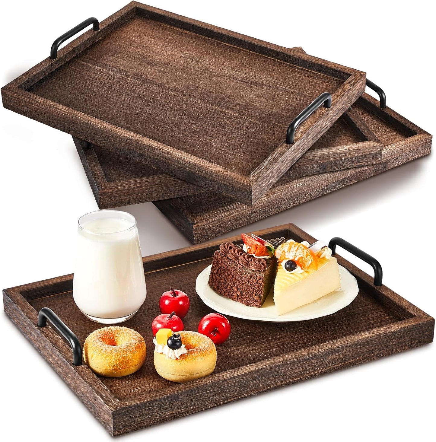 Lallisa 4 Pcs Large Wooden Serving Trays Decorative 15.75 x 11.81 x 2.36 Inch Ottomantray Rustic with Handle for Banquet Party Rectangular Lap Tray for Breakfast Coffee Table Picnic Bed Eating
