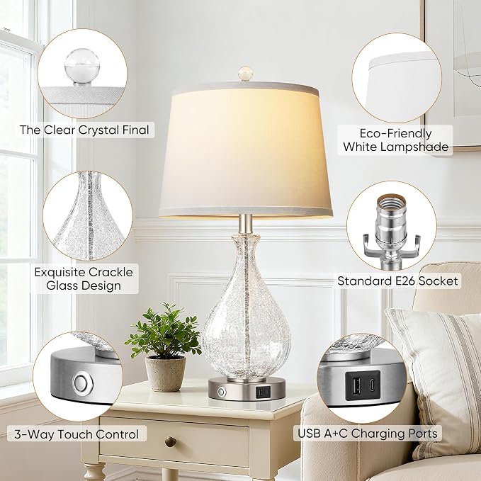QiMH Glass Table Lamps for Living Room, Bedside Lamps Set of 2 - Image 4