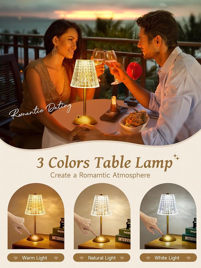 Upgraded Nightstand Lamps Set of 2, 3 Colors Dimmable Crystal Table Lamp Gold - Image 8