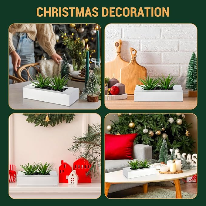 MyGift 10 Inch Artificial Grass Fake Plants in White Rectangular Wood Planter - Image 7