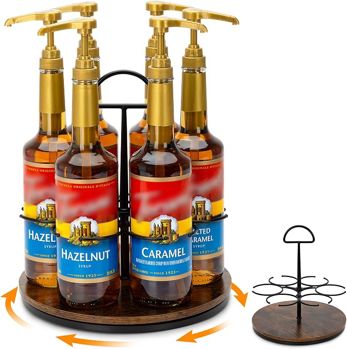 Rotating Coffee Syrup Organizer Hold 6 Bottles, Wood Coffee Syrup Rack by SUNNEKO