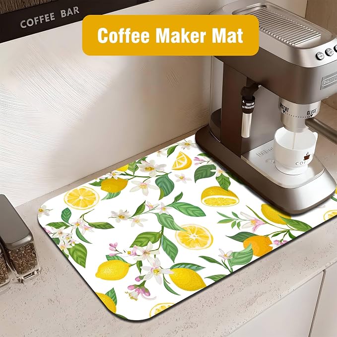 Lemon Floral Coffee Drying Mat 12" x 19", Non-Slip Absorbent Quick-Dry Mat - Image 8