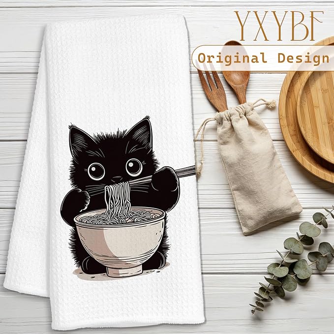 Funny Japanese Noodle Black Cat Hand Dish Tea Towels - Image 2