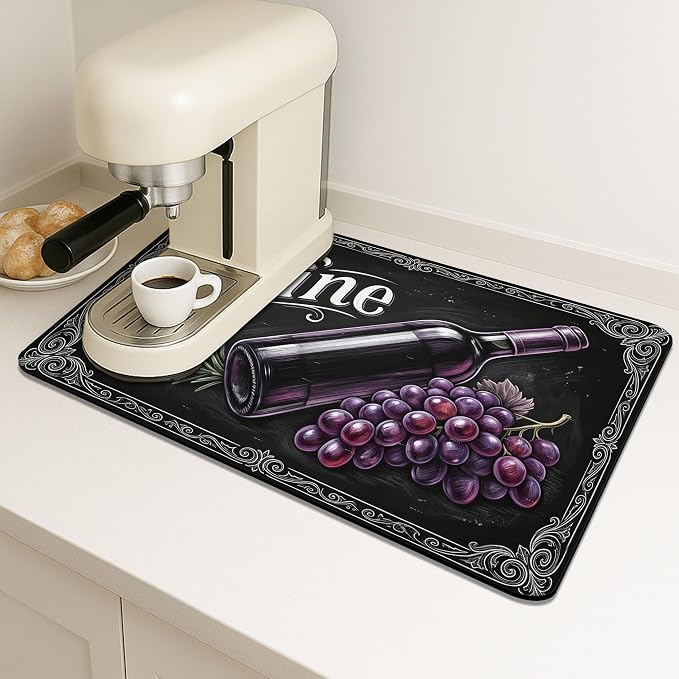 Wine Inspired Dish Drying Mats for Kitchen Counter, Vintage Black Grapes - Image 2