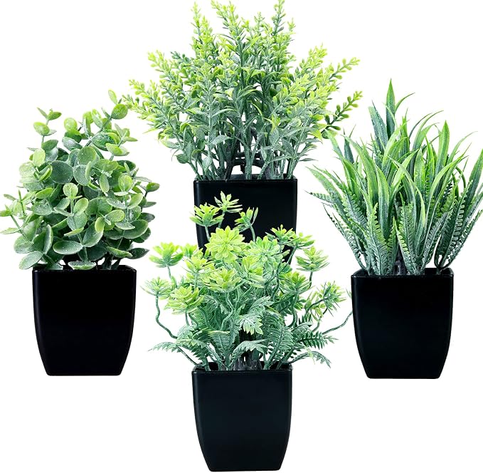 GREENTIME 4 Pack Fake Plants in Black Pot Small Artificial Eucalyptus Potted by Greentime