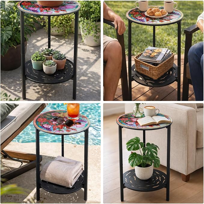 2-Tier Metal Round Side Table Accent Coffee Tables Small Space Corner Plant - Image 7