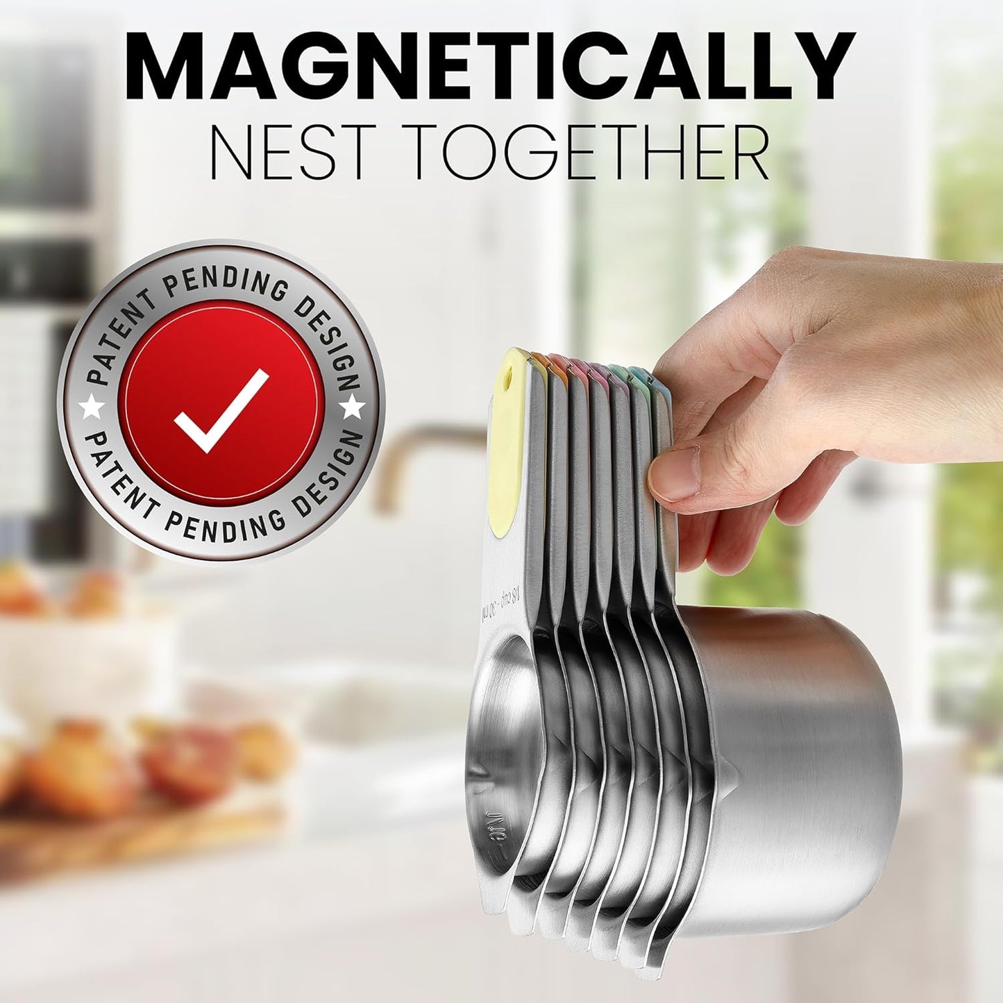 Spring Chef Magnetic Stainless Steel Measuring Cups (Patent Pending), Kitchen Tools with Easy to Read Markings for Measuring Dry or Liquid Ingredients, Set of 7, Pastel