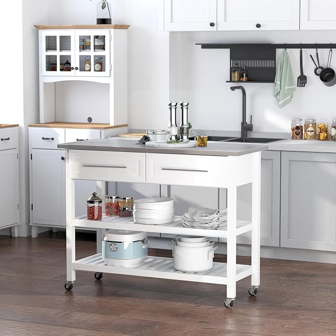 Kitchen Island on Wheels with Stainless Steel Top, Serving & Storage, Farmhouse - Image 3