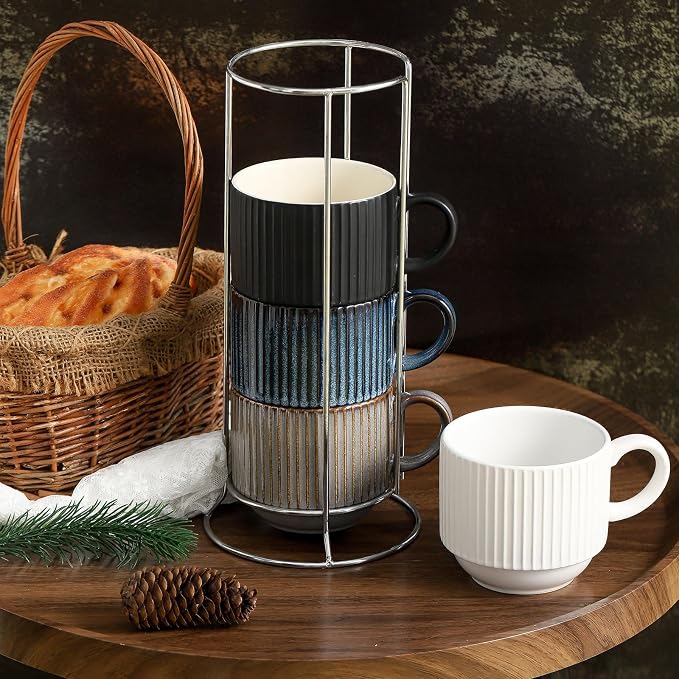 Ceramic Coffee Mugs with Stand, 15 Ounce Stackable Coffee Cups Set of 4 - Image 7