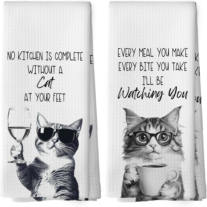 Funny Cat Kitchen Towels Set of 2, Cat Kitchen Accessories, Coffee Station Wine by Mcehtle