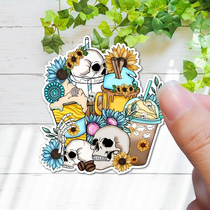 3" Skeleton Skull Mama Loves Coffee Sunflower Western Teal Blue Caffeinated - Image 3