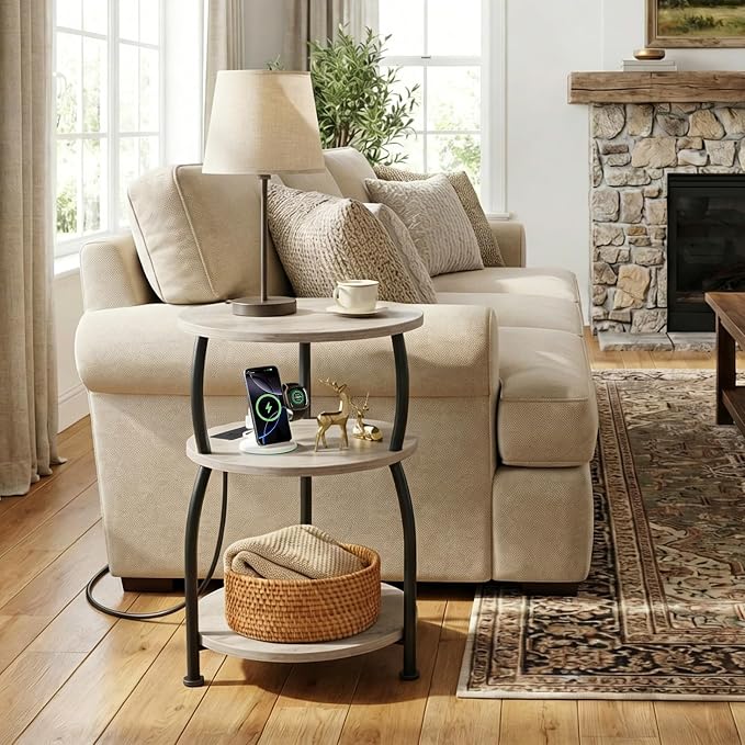 Round Side Table with Power Outlet & USB Ports, 3-Tier End Table with Storage - Image 2