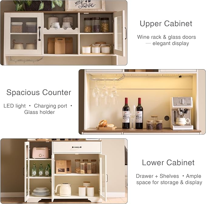 Fatmok Coffee Bar Cabinet, Liquor Cabinet Set of 2, Glass Doors, Wine Rack - Image 3