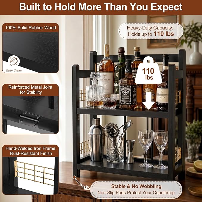 No-Assembly Coffee Bar Organizer, 2-Tier Coffee Station Shelf | Foldable Oak - Image 6