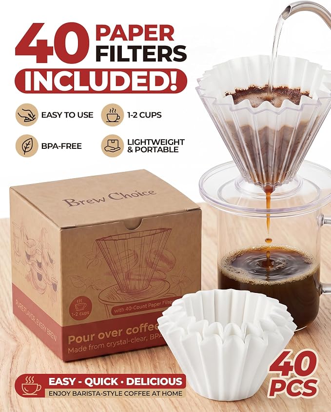 Pour Over Coffee Dripper with 40 Paper Filters, Coffee Filter Cup, Manual Drip - Image 2