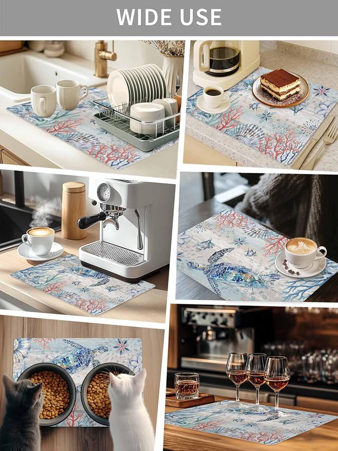 Coastal Turtle Coffee Mat For Countertop Coffee Bar Accessories, Absorbent - Image 6