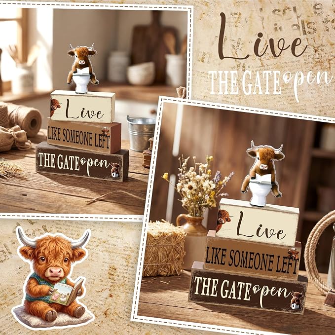 Geelin 4 Pcs Highland Cow Bathroom Decorations Bathroom Wooden Table - Image 3