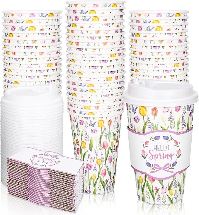 Whaline 50 Pcs Spring Tulip Floral Disposable Coffee Cups by Whaline
