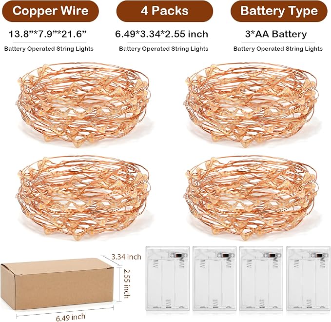Ariceleo Led Fairy Lights Battery Operated, 4 Packs Mini Battery Powered Copper - Image 3