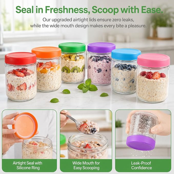 EONJOE 16oz Glass Jars for Overnight Oats Snacks Salad Yogurt Pudding Cereal - Image 5
