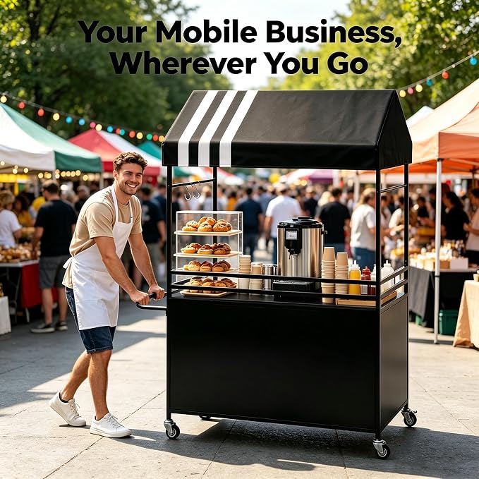Portable Vendor Cart with Canopy, Outdoor Mobile Food Cart with Wheels - Image 5