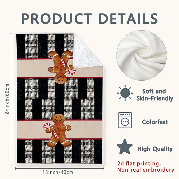Gingerbread Kitchen Towels, Christmas Festive Candy Cane Plaid Christmas Black - Image 3