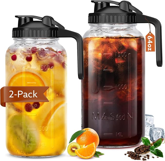 Mihlapi Glass Pitcher with Lid, 64 OZ Mason Jar Pitcher Double Leak Proof by Mihlapi