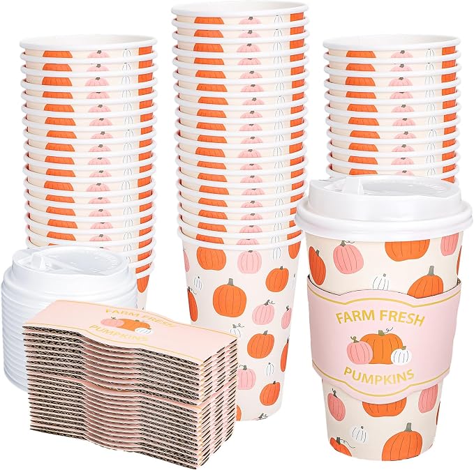 Whaline 50 Pcs Fall Coffee Cups Disposable Pumpkin Paper Cup by Whaline