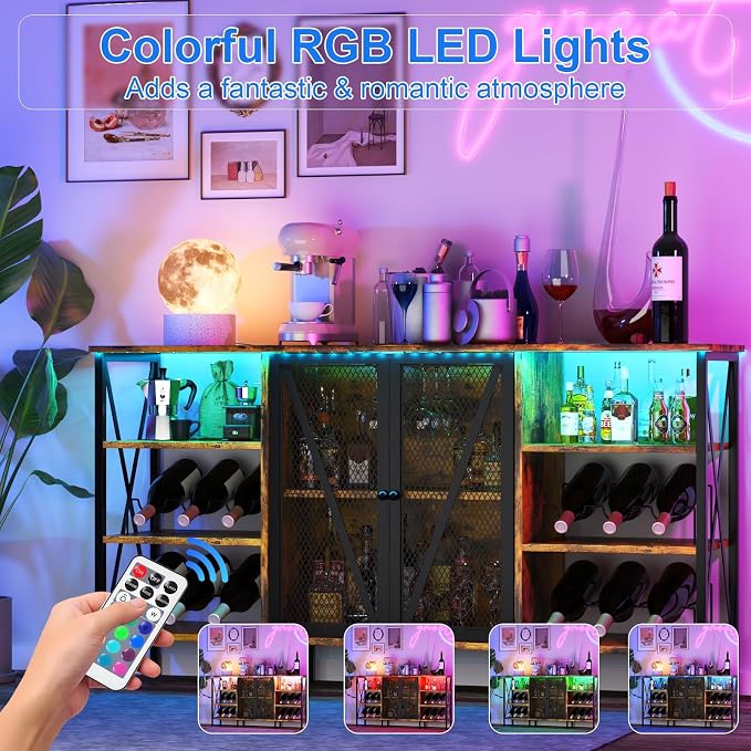 55" Wine Bar Cabinet with LED Light, Wine Rack & Glass Holder, Mesh Doors & - Image 4