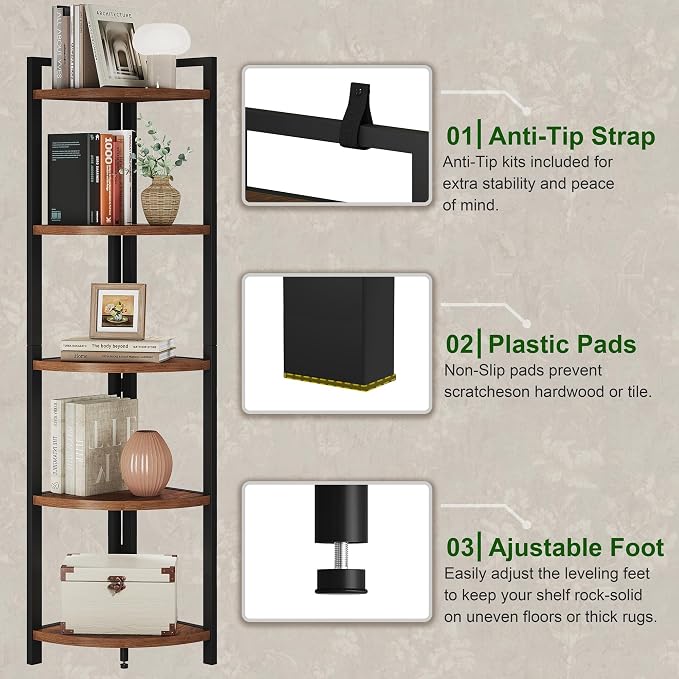 FATORRI Tall Corner Shelf, Industrial Corner Bookshelf, Wood and Metal Corner - Image 3