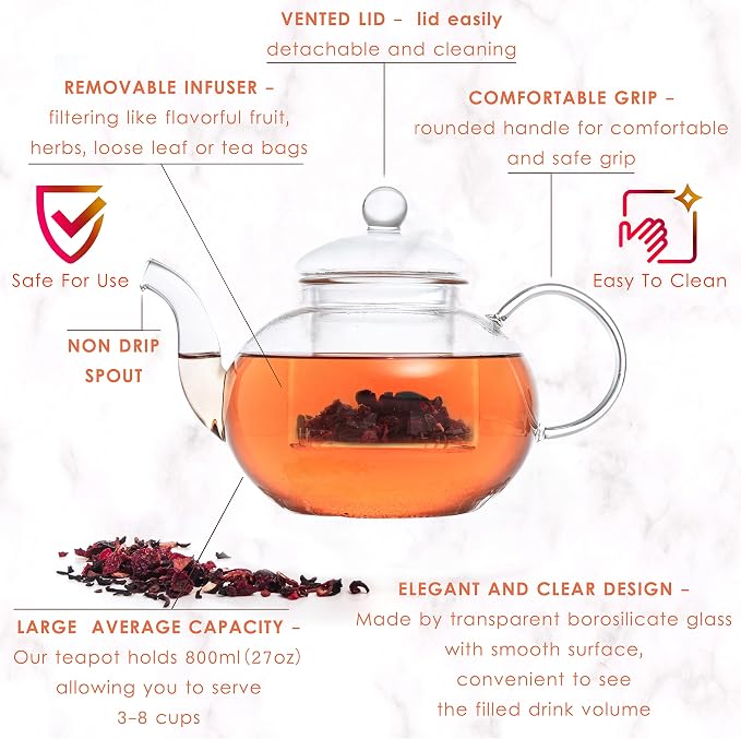 Moss & Stone Glass 27oz Tea Kettle Infuser & 4 Tea Cups Gift Set, Borosilicate - Image 3