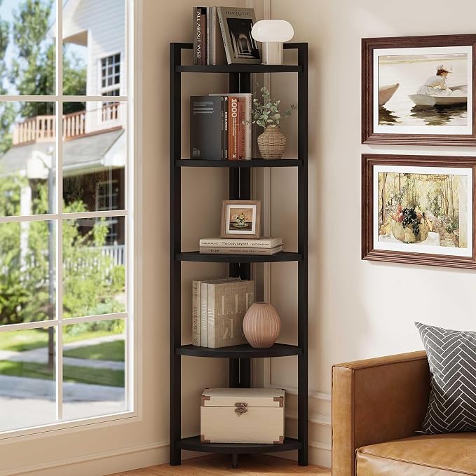 FATORRI Rustic Tall Corner Shelf, 5 Tier Industrial Corner Bookshelf by FATORRI