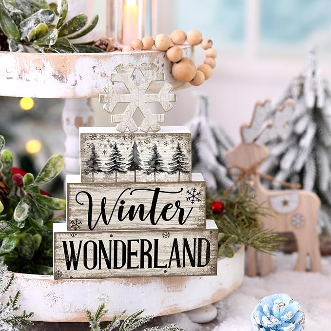 Lineshading 4 Pcs Winter Table Decorations Wooden Snowflake Decor Winter Tiered - Image 3