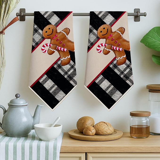 Gingerbread Kitchen Towels, Christmas Festive Candy Cane Plaid Christmas Black - Image 4