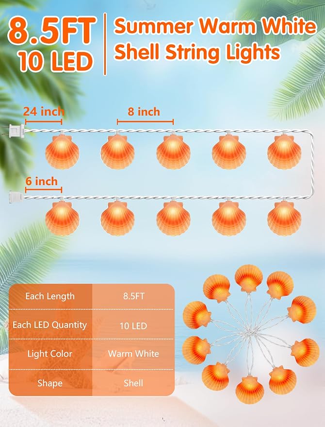 SUNSGNE 8.5FT LED Summer Seashell String Lights, 10 Textured Translucent Shell - Image 2