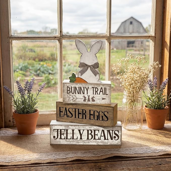 Lineshading 4 Pcs Easter Table Decoration Wooden Rabbit Easter Day Tiered Tray - Image 8