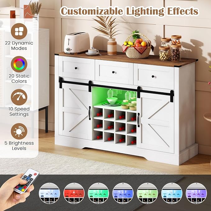 Giantex Wine Bar Cabinet with LED Lights, 3 Drawer, Adjustable Shelf, 12 Bottle - Image 4