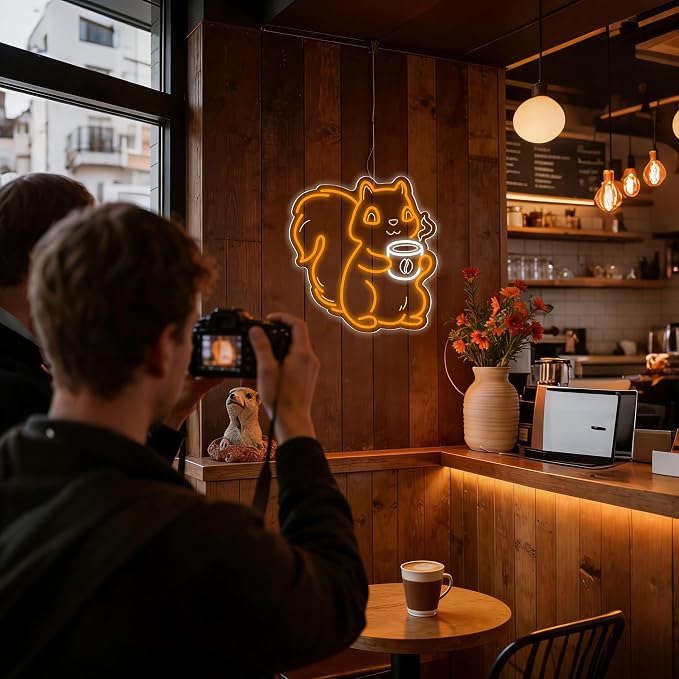 Squirrel Drinking Coffee Neon Sign, Squirrel Dimmable Coffee Bar Sign - Image 3