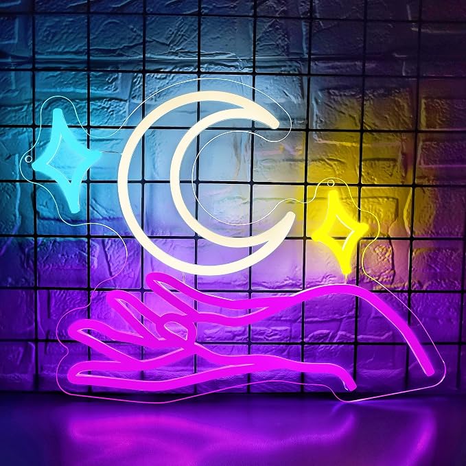 Moon Neon Signs for Wall Decor Star Neon Sign Hand LED Light Moon Wall Decor by BlecodeNeonSign