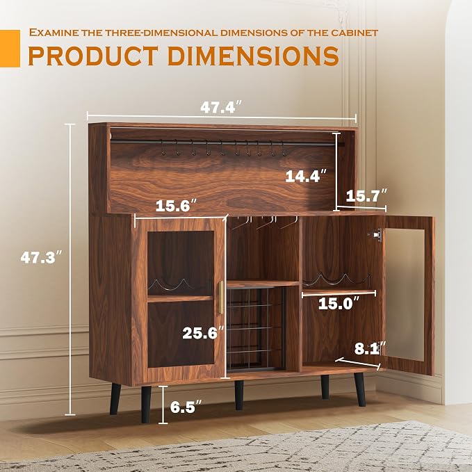 TITIMO Wine Bar Cabinet with LED Light, Coffee Cabinet with Wine Rack and Glass - Image 2