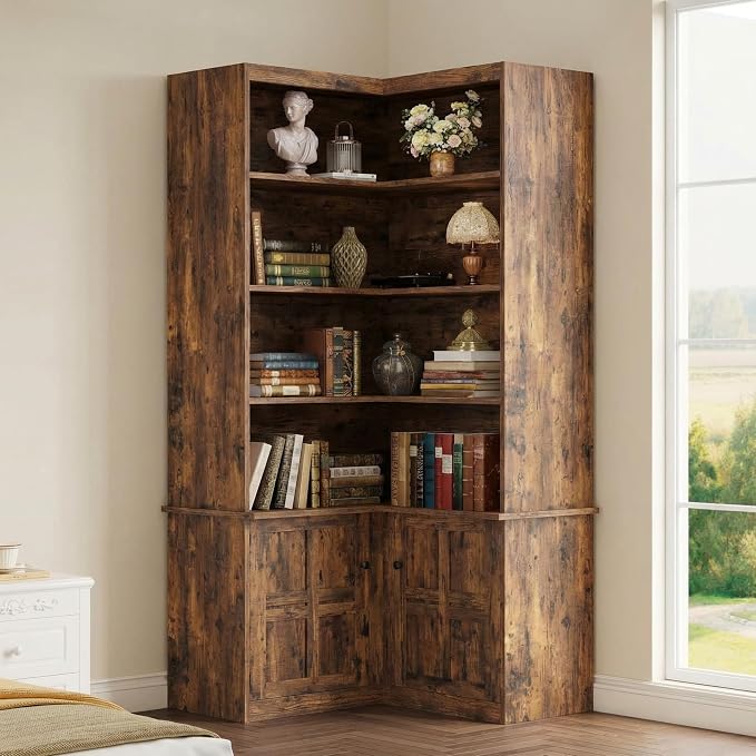IRONCK Corner Bookshelf with Doors, 6-Tier Tall Corner Bookcase with Storage by IRONCK