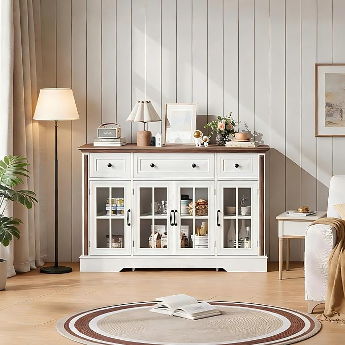 Sideboard Buffet Cabinet with Storage and Glass Doors, 4-Door Cabinet with 3 - Image 3