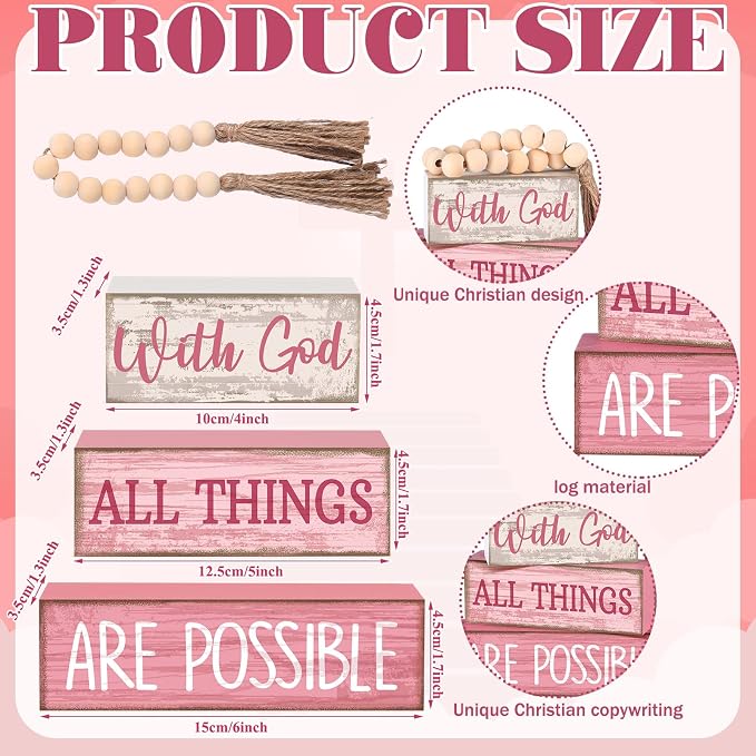 Lineshading 4 Pcs Christian Table Decor Pink Rustic Wooden Block Sign Set - Image 3