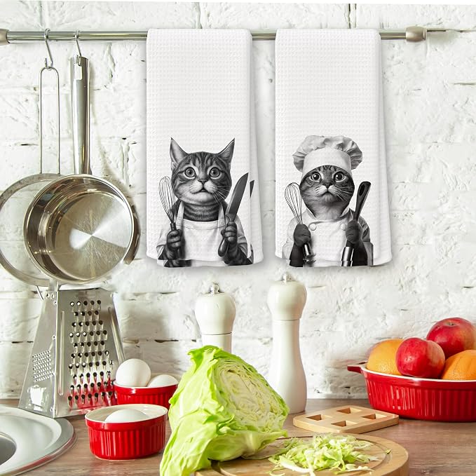Funny Chef Cat Kitchen Towels Set of 2, Cat Mom Lady Lovers Owner Gifts - Image 3